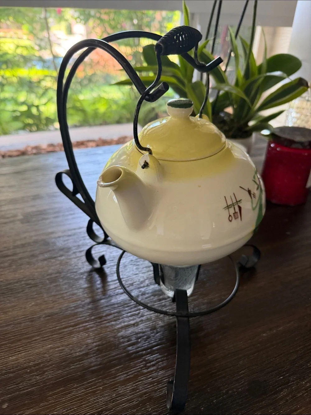 Antique Porcelain Teapot with Green Figure Motif